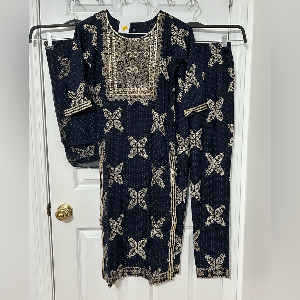 3 piece stitched Indian dress in blue and gold sequin work